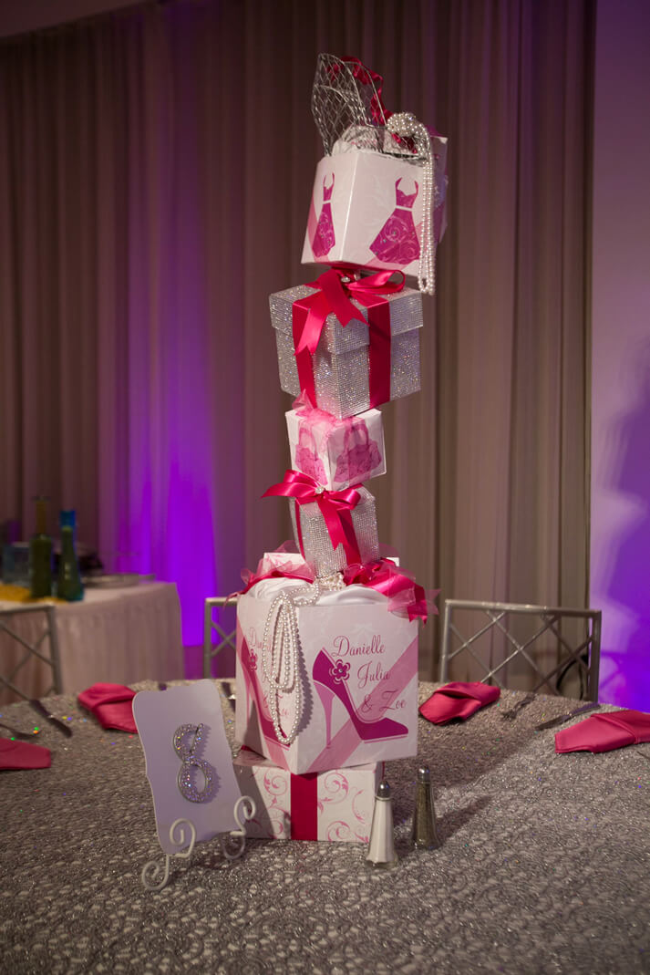 Stacked presents centerpiece for B'Not Mitzvah