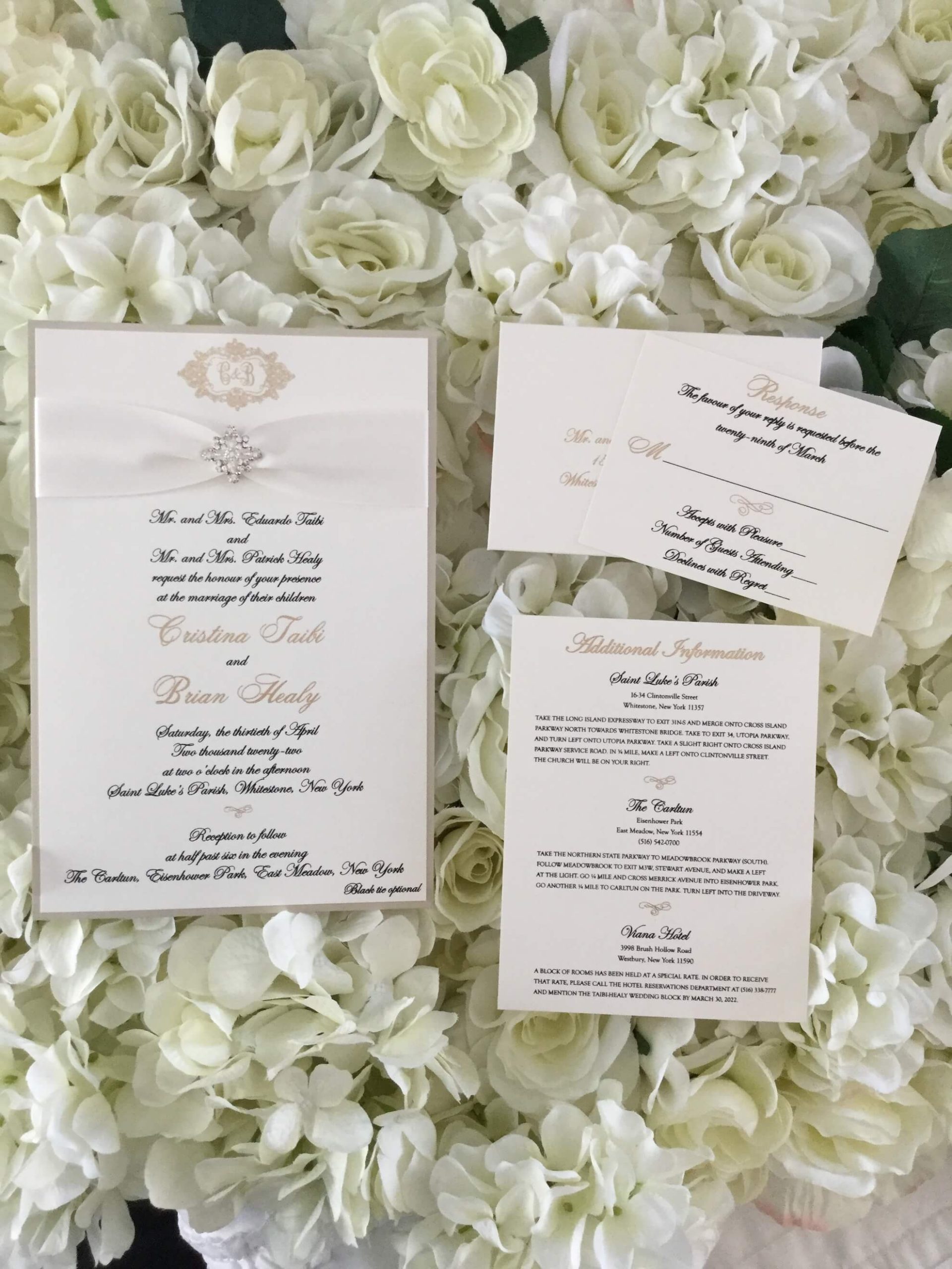 The Carltun Wedding Invitation ivory and gold with brooch